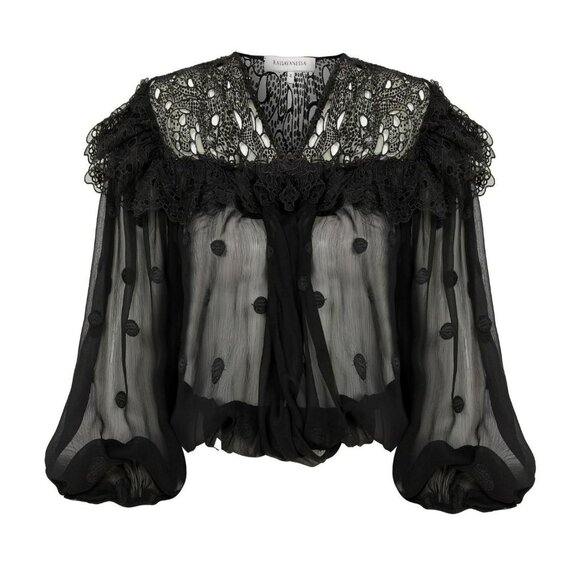 Raisa Vanessa Sheer Black Polka Dot Top Blouse Lace Embellished Jewel Collar - Picture 1 of 16